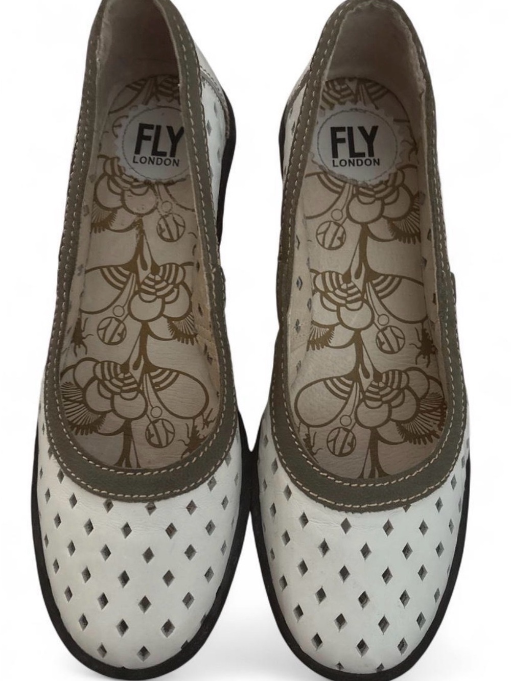 Fly London White Perforated Slip-On Flats with Olive Trim
